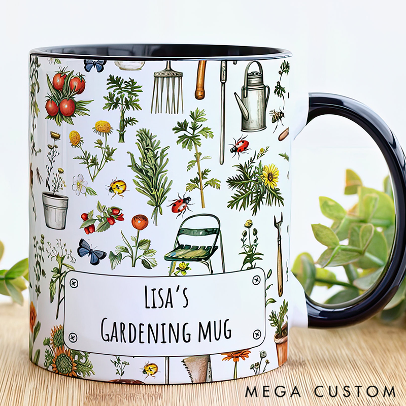 Personalized Gardening Mug Adorned with Botanical Tool & Insect Prints Charming Functional Drinkware for Green-Thumb Enthusiasts