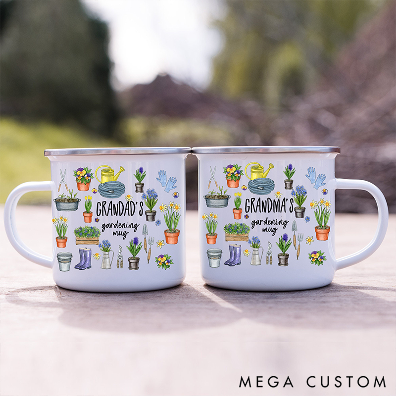 Personalised Enamel Gardening Mug Garden Gift for Him And Her Couple Present with Floral & Tool Designs to Celebrate Her Green-Thumb Passion