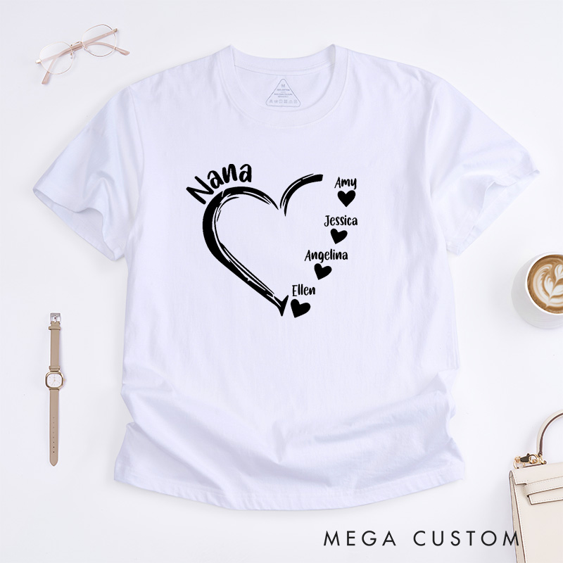 Personalized Nana T-Shirt Custom Heart Design Gift for Grandmother Mother's Day Birthday Comfortable Cotton Shirt for Women Unique Grandma
