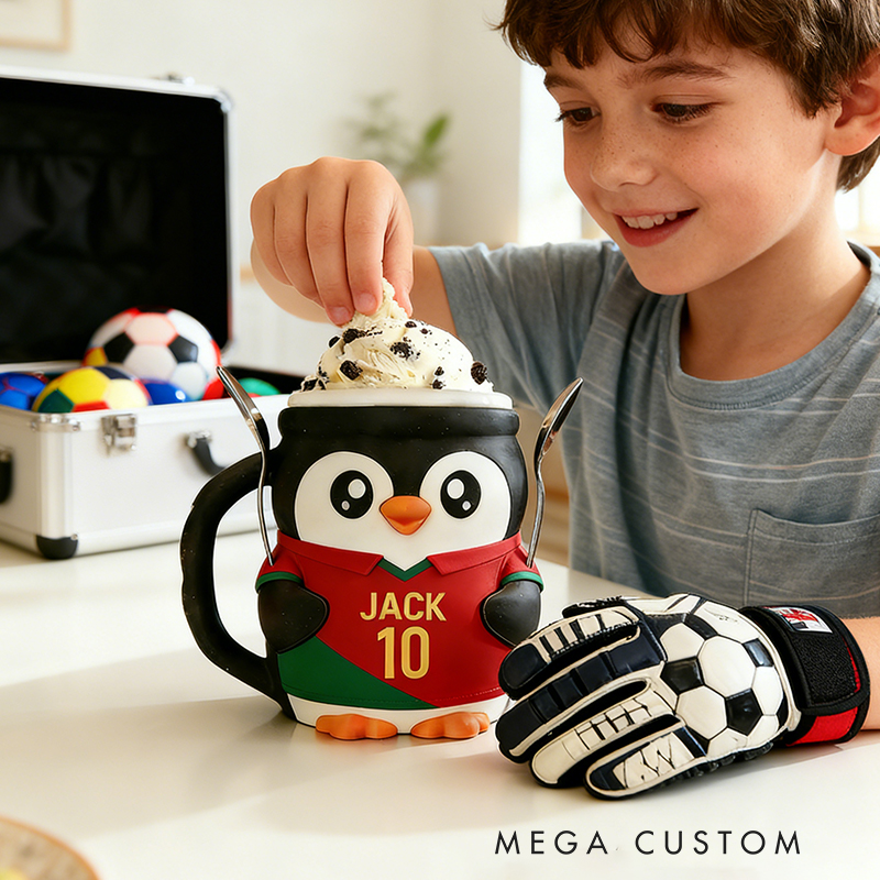 Personalized Soccer World Cup Penguin Ice Cream Pint Holder 3D Printed with Spoon Slots & Snack Drawer with Custom Details for Soccer Fans