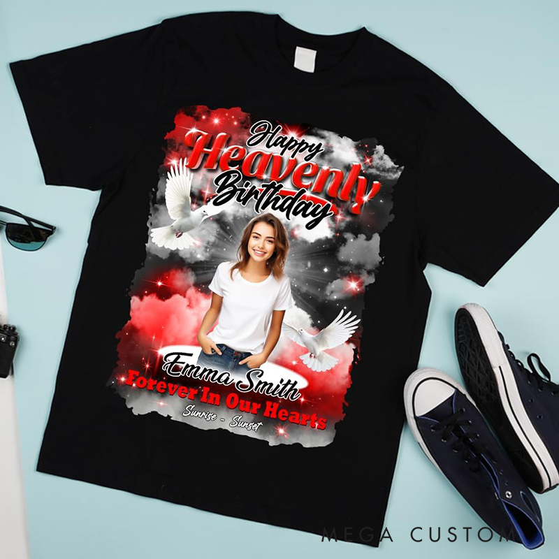 Personalized in Loving Memory T Shirts Memorial Day T Shirts Heaven’s Stairway Memorial Gift Double Side Shirt Rest in Peace Shirt