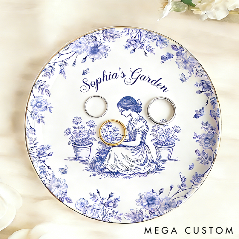 Personalized Garden Lover Kneeling Gardener Silhouette Chinoiserie Toile De Jouy Style Round Ring Dishes