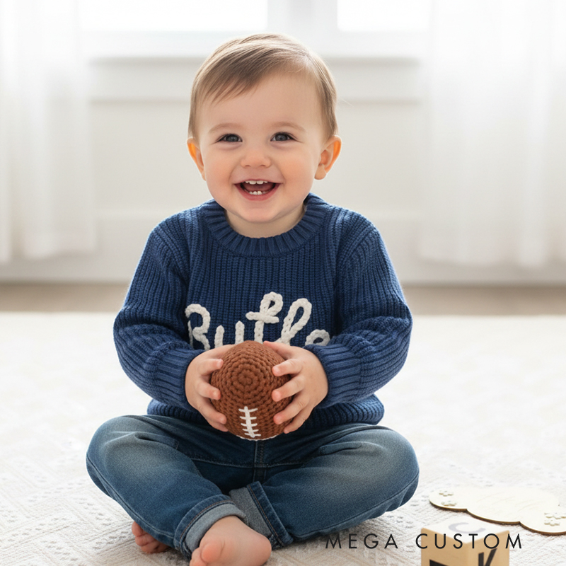 Personalized Baby Embroidered Sports Sweater Sweater Custom Name & Sports Icon Cotton Pullover for Infants and Toddlers Football Fan Gift