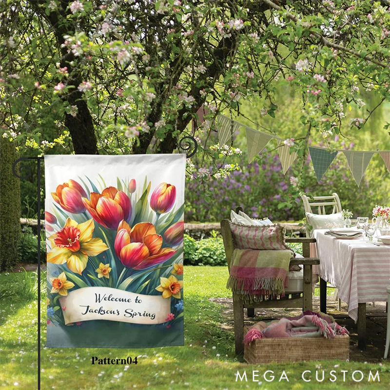 Personalized Welcome to Spring Garden Flag with Name Floral Yard Porch Decoration Gift for Gardening Lover