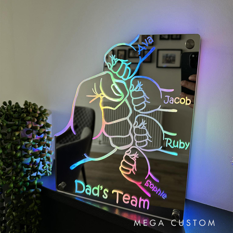 Personalized Dad's Team Fist Mirror Lamp Custom Family Name LED Light Father's Day Gift for Dad Family Keepsake 