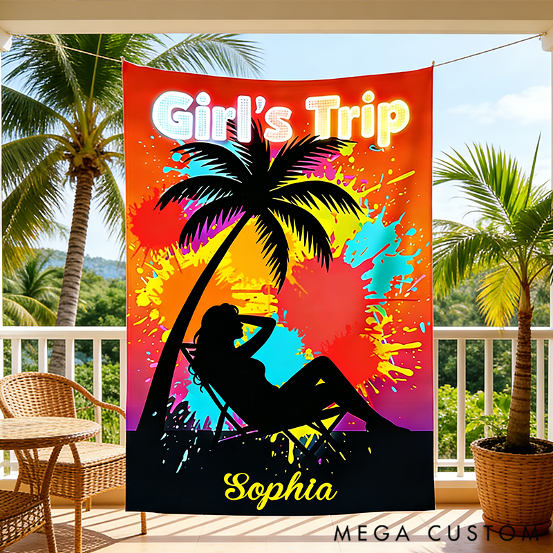 Personalized Girl's Trip Tapestry Colorful Beach-Themed Decor with Palm Tree and Relaxed Silhouette Birthday Gift for Her