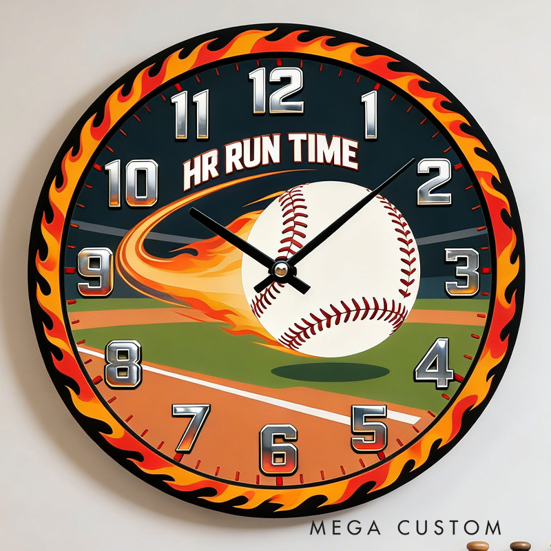 Personalized Home Run Time Clock with Fiery Baseball Design for Baseball Enthusiasts