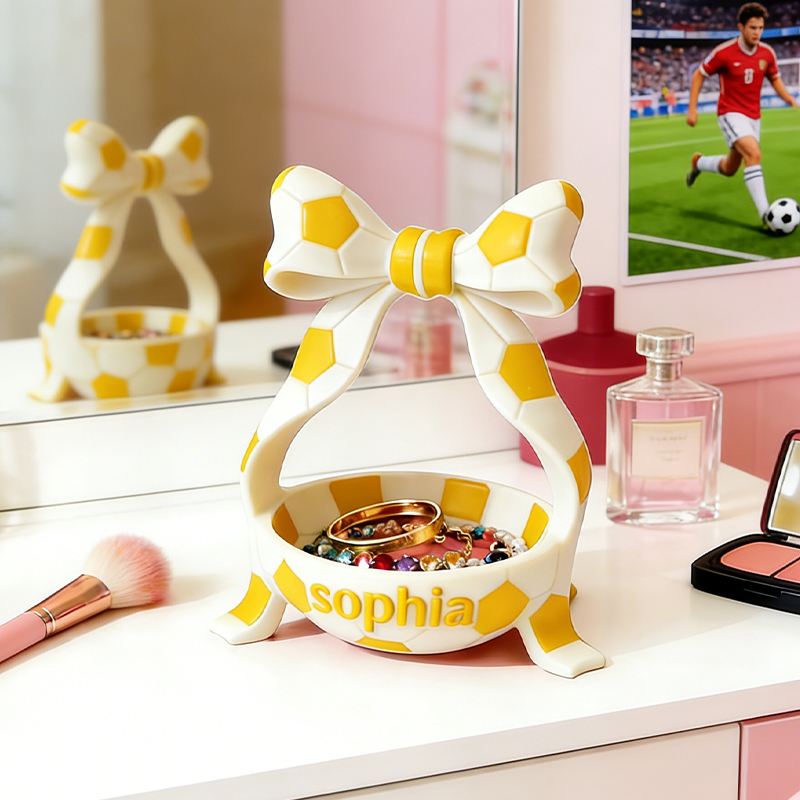 Personalized Soccer Jewelry Holder with Custom Name and Bow Design for Soccer Fans Girls 