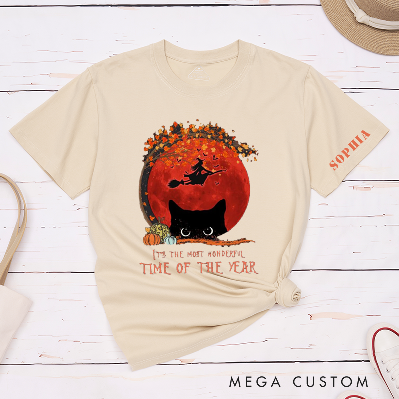 Personalized Halloween Cat Witch Autumn Moon Classic T-Shirts Custom Fall Pumpkin Tee Gift for Women Men Lovers Unique Seasonal Shirt for Sophia