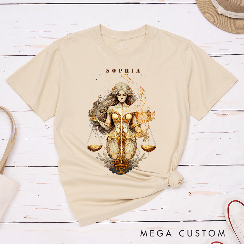 Personalized Libra Zodiac Sign T-Shirt Classic Unisex Design Custom Name Astrology Gift Unique Birthday Present for Men and Women Family and Friends