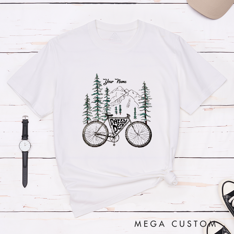 Personalized Bicycle T-Shirt with Scenic Mountain and Forest Elements for Outdoor Adventures Riding Cycling Biking Enthusiasts