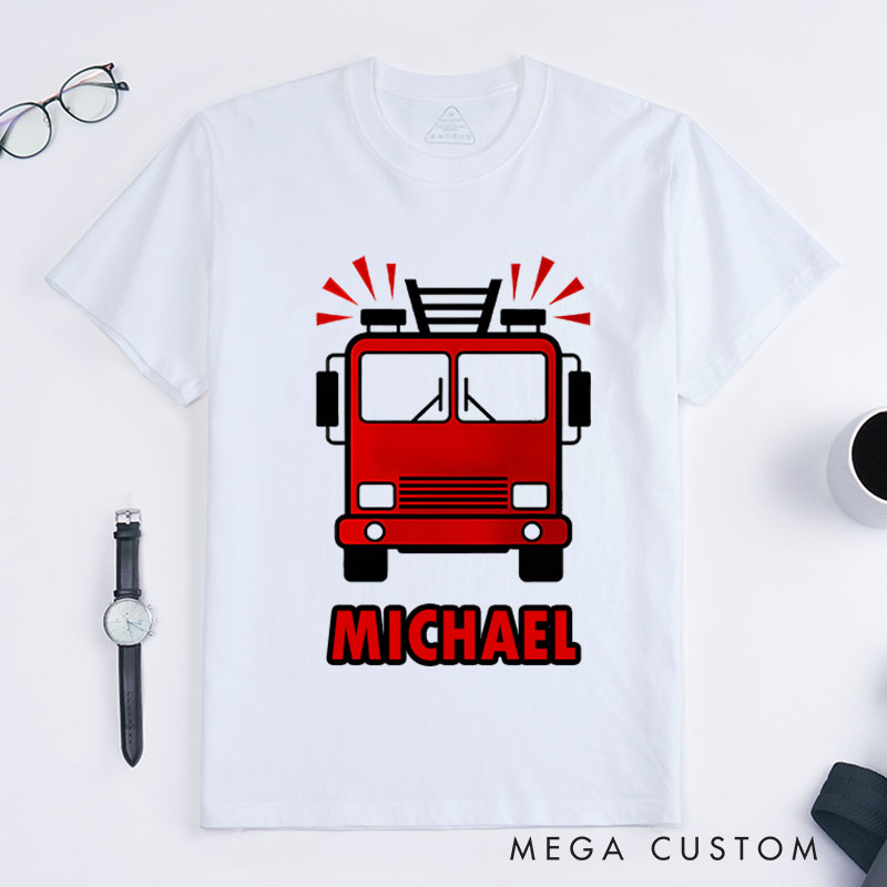 Personalized Firefighter T-Shirts  Front-Facing Fire Truck Fashion Design T-Shirts