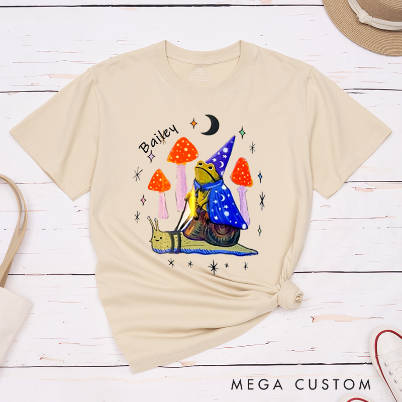 Personalized Wizard Frog Snail Ride Classic T-Shirts Custom Name Magic Fantasy Animal Gift for Nature Lovers Unisex Unique Printed Tee