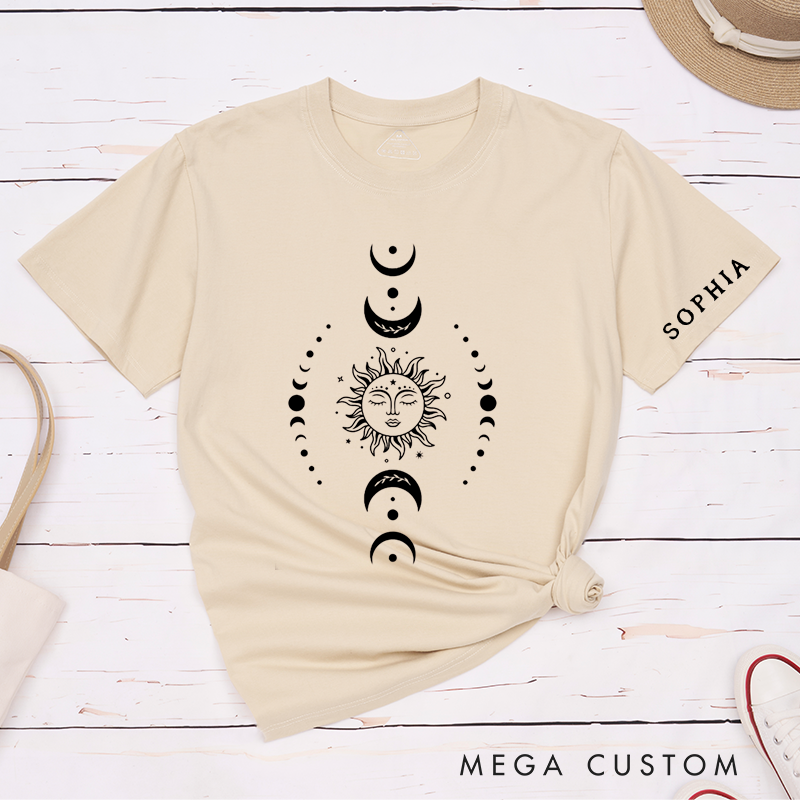 Personalized Sun and Moon Classic T-Shirts Unisex Astrology Custom Name Tee Spiritual Celestial Gift for Men Women Unique Horoscope Retro Top