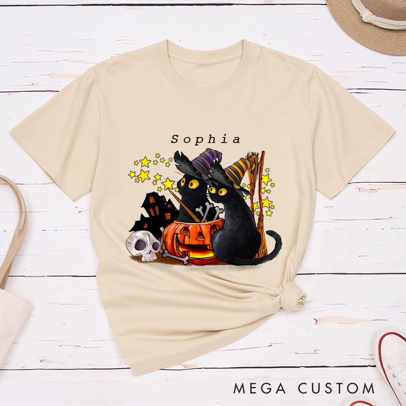 Personalized Halloween Black Cat T-Shirt Custom Witch Hat Pumpkin Skull Classic Unisex Gift Vintage Spooky Stars Broomstick Present for Cat Lovers