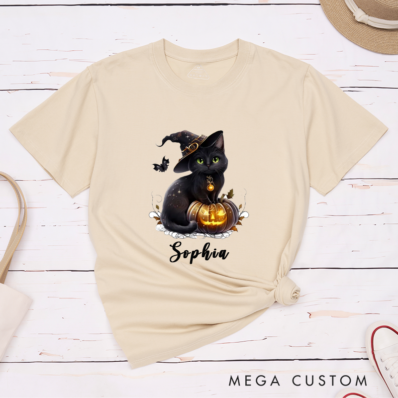 Personalized Halloween Black Cat Witch Hat Pumpkin Classic T-Shirts Custom Name Gift for Cat Lovers Women Men Unique Spooky Cute Pet Tee for Birthday