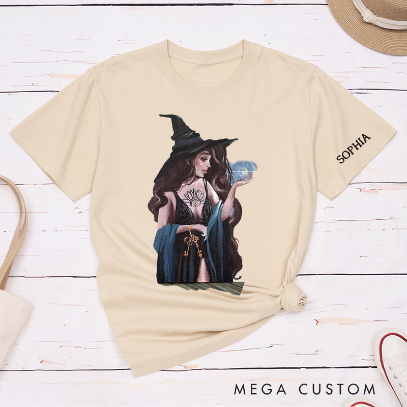 Personalized Witch T-Shirt Classic Unisex Custom Name Magic Sorceress Gift for Women and Men Unique Tarot Fortune Teller Halloween Birthday Present 