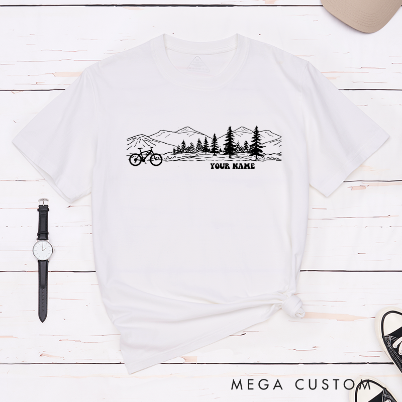 Personalized Scenic Mountain Bike T-Shirt with a Bicycle Outline for Outdoor Adventures Riding Cycling Biking Enthusiasts