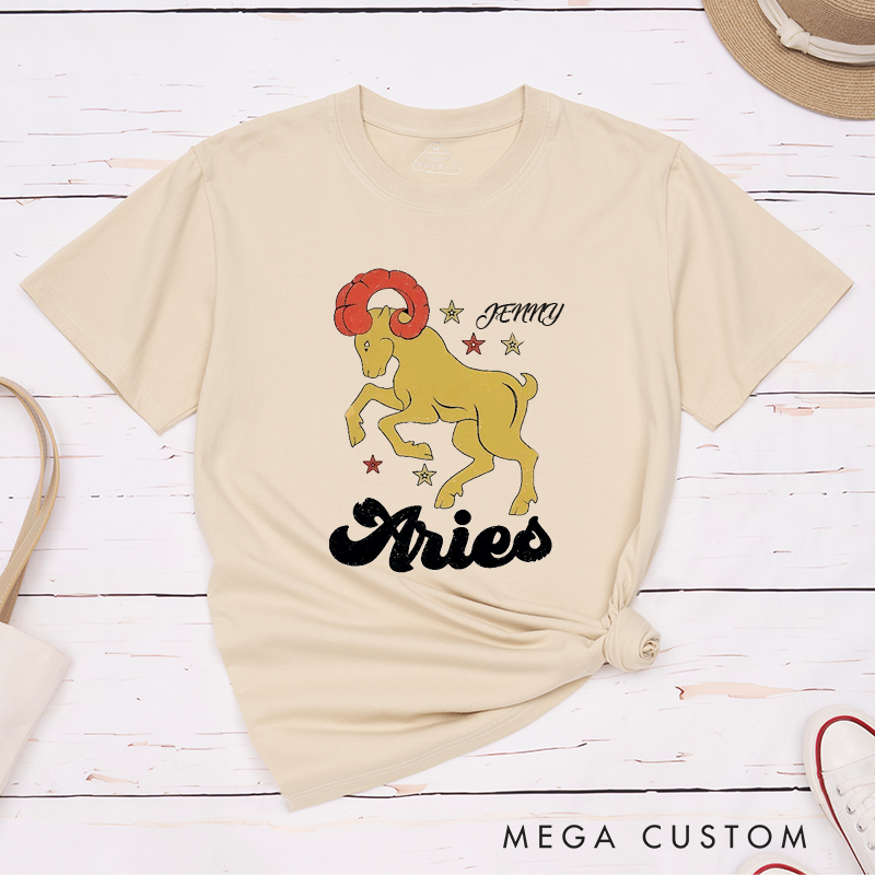 Personalized Classic T-Shirt Aries Zodiac Ram Custom Name Astrology Birthday Gift for Horoscope Lovers