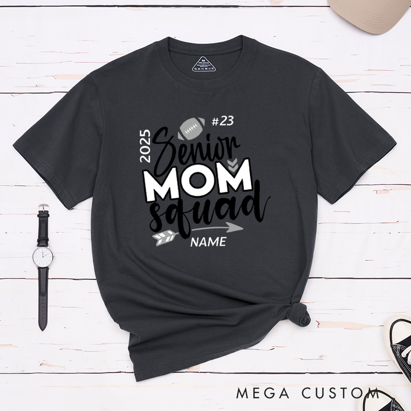 Personalized Senior Mom Squad T-Shirts for American Football and Rugby, Featuring Your Custom Design