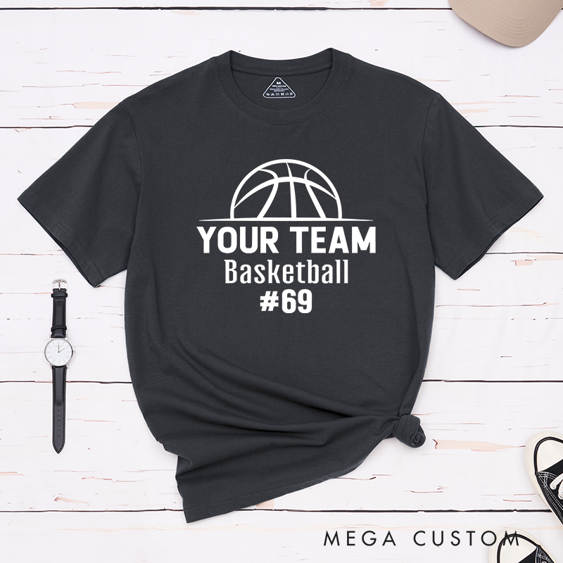 Personalized Basketball T-Shirt Design Showcasing Custom Team Name Bold Basketball Graphic Sleek Text Layout and Prominent Player Number Display