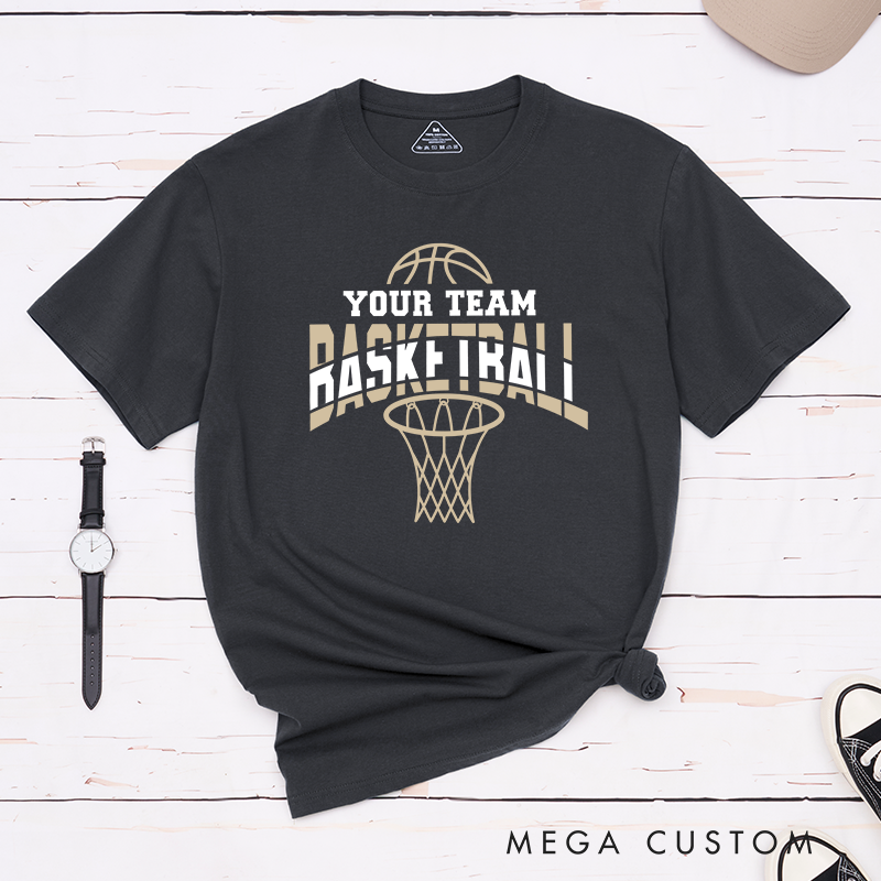Personalized Basketball T-Shirt Design Featuring Custom Team Name Bold Arched "Basketball" Text Dynamic Hoop Graphic and Stylish Basketball Accent