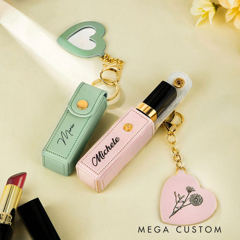 Personalized Line Flower Name Leather Lipstick Case Keychain with Heart-shaped Mirror Makeup Essentials Birthday Wedding Travel Gift for Women