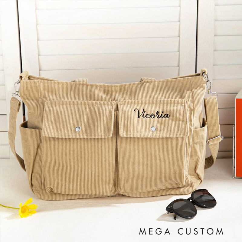 Personalized Leisure Corduroy Zipper Crossbody Tote Bag with Embroidered Name and Multiple Pockets Travel Accessories Birthday Gift for Family Friends