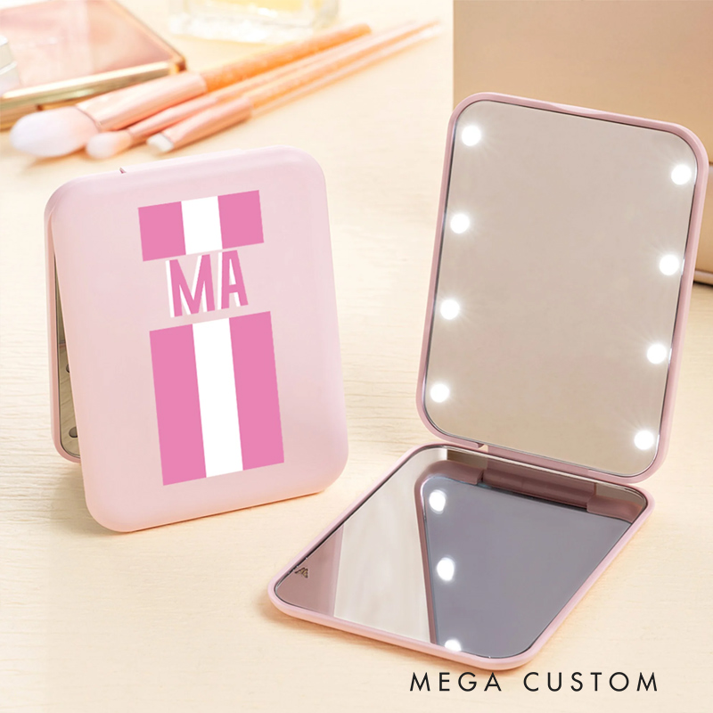 Personalized Shadow Monogram Stripe LED Double-Sided Foldable Compact Makeup Mirror with Initial Travel Accessories Birthday Gift for Bridesmaid Women