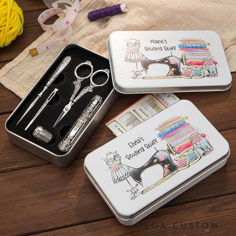 Personalized Vintage Embroidery Scissors Kit with Storage Box Set of 6 Gifts for Tailors