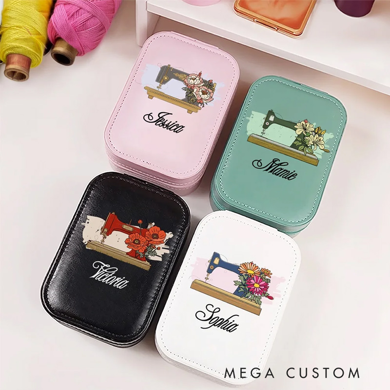 Personalized Watercolor Sewing Machine Birth Flower PU Leather Jewelry Box with LED Three-color Makeup Mirror Travel Essential Birthday Gift for Women