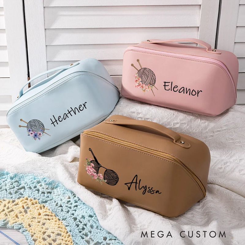 Personalized Birth Flower Crochet Wide Opening Leather Makeup Bag with Name Travel Accessories Birthday Wedding Gift for Bridesmaids Women