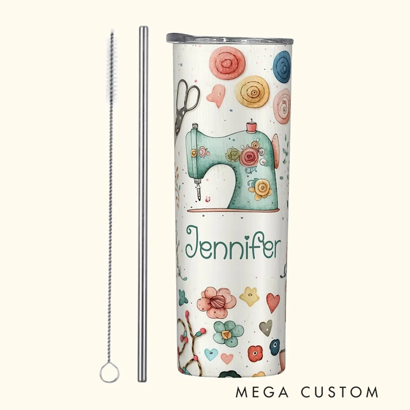 Personalized Sewing Theme Food Grade 20oz Skinny Tumbler with Lid and Straw Cleaning Brush Birthday Mother's Day Gift for Mother Sewing Lover