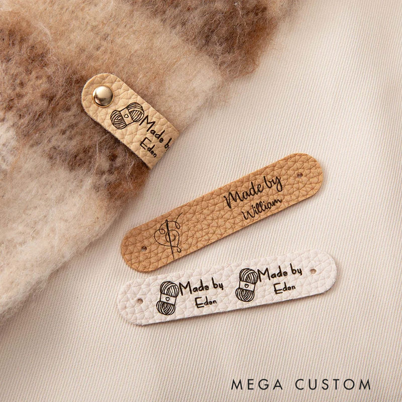 Personalized Set of 10 Made By Leather Crochet Knitted Tags Labels with Engraved Name Rivets Knitwear Accessories Gift for DIY Knitter Sewing Lovers