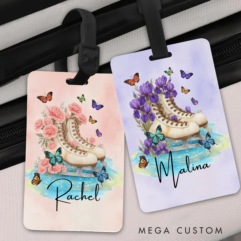 Personalized Birth Flower Ice Skating Luggage Tag with Name Travel Accessories Birthday Gift for Travel Lovers Skating Enthusiasts