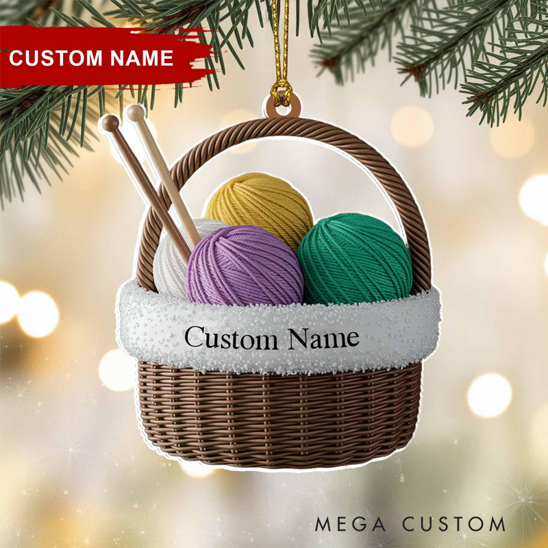 Personalized Knitting Basket Flat 2D Acrylic Christmas Ornament Tree Hanging Decor Personalized Yarn Ornament Gift for Knitters and Crochet Lovers