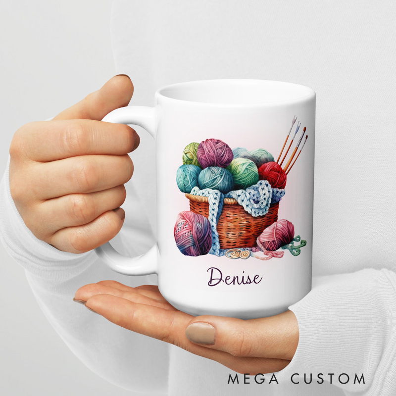 Personalized Knitting Coffee Mug Gifts for Knitting Lovers Yarn Basket and Custom Name