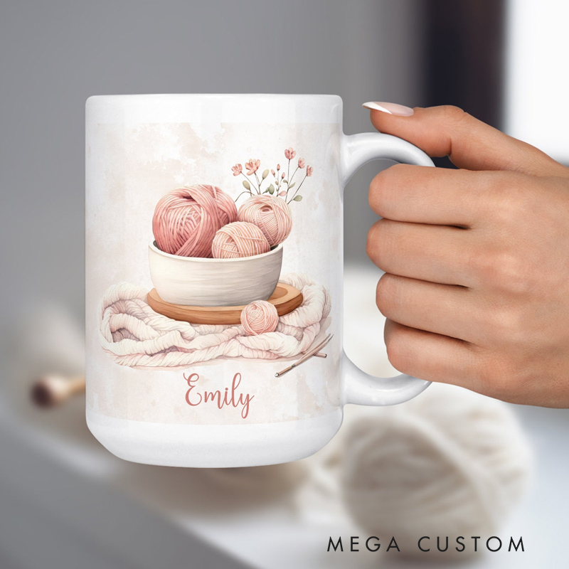 Personalized Knitting Coffee Mug Gifts for Knitting Lovers Floral Yarn and Custom Name