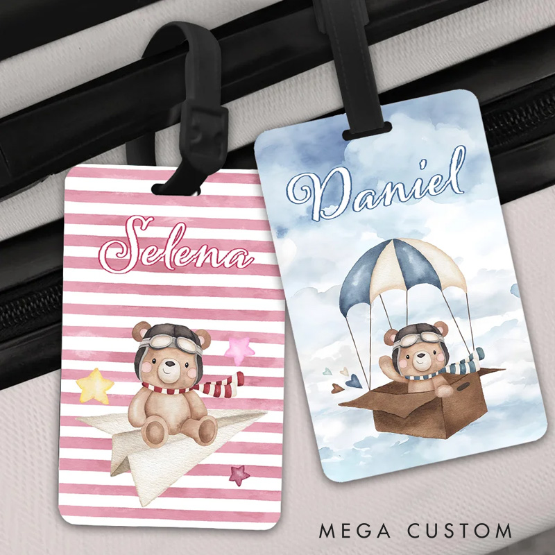Personalized Cute Little Bear Pilot Watercolor Luggage Tag with Name Travel Accessories Birthday Holiday Gift for Boys Girls