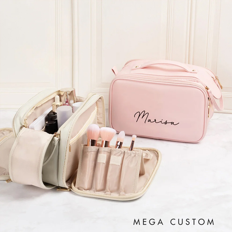 Personalized Simple Name Design Large Multi-compartment Leather Makeup Bag with Makeup Brush Holder Travel Essentials Birthday Gift for Women