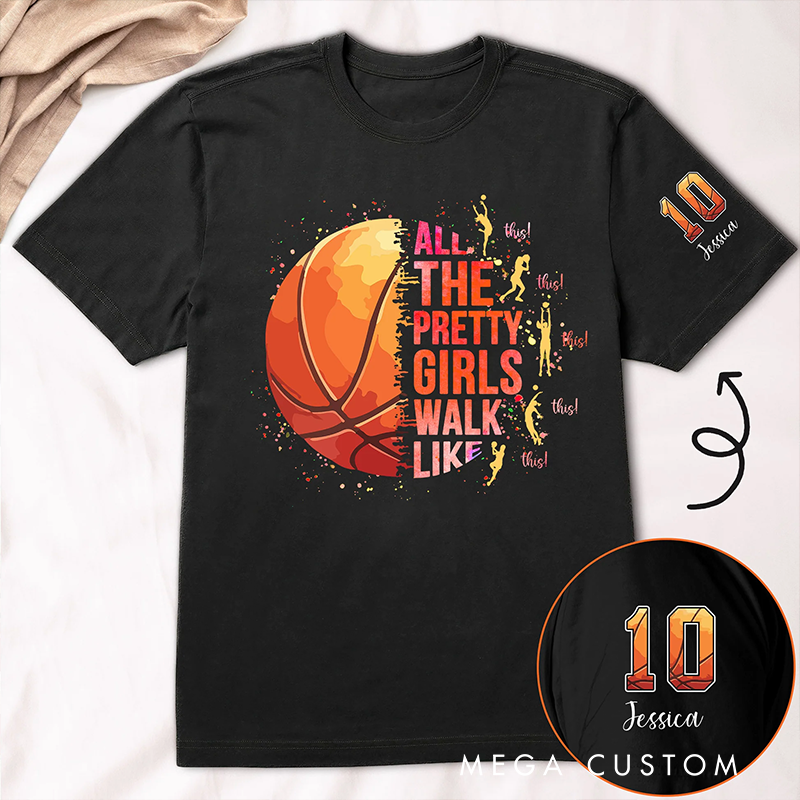 Personalized Basketball T-Shirt with "Pretty Girls Walk Like This" Design and Custom Name & Number