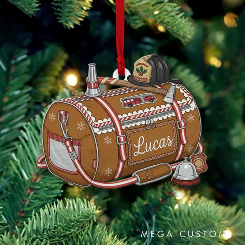 Personalized Firefighter Gear Bag Ornament Custom Acrylic or Wooden Xmas Tree Decor Gift for Fireman or Hero