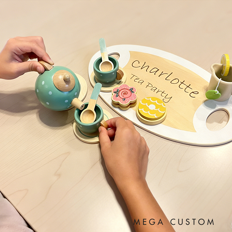 Personalized Kids Tea Party Set Custom Name Pretend Play Toy Adorable Wooden Tea Party Set for Creative Fun