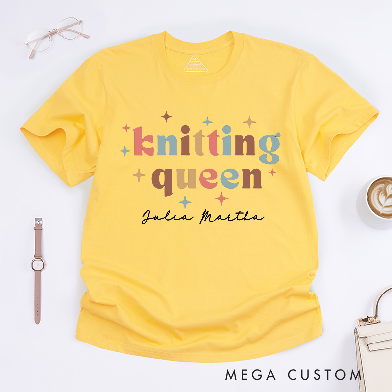 Personalized Knitting Queen Classic T-Shirts Knitter Shirt Colorful TShirt Womens Comfy Top Bright Words Tee Unique Font Shirt
