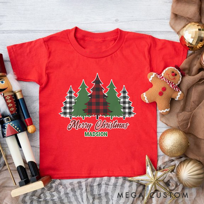 Personalized Rustic Red Plaid Merry Christmas Trees Kids T-Shirt