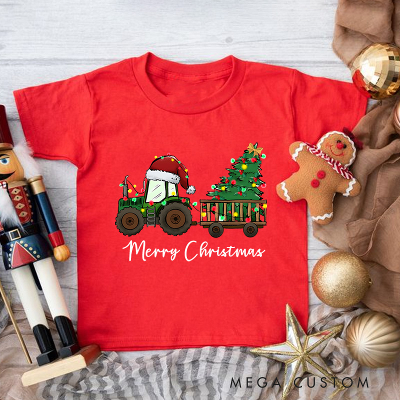 Personalized Christmas Tree Tractor Toddler T-Shirt Christmas Farm Life Tee Xmas Kids Gift