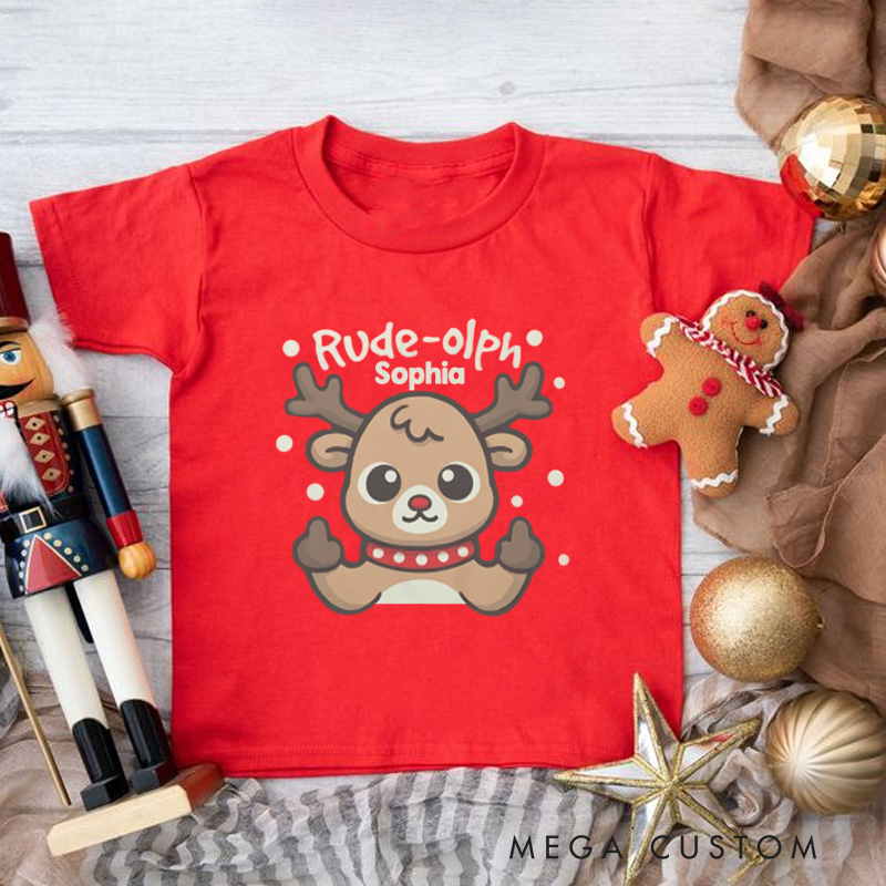 Personalized Rude Reindeer with Playful Expression Christmas Kids T-Shirt