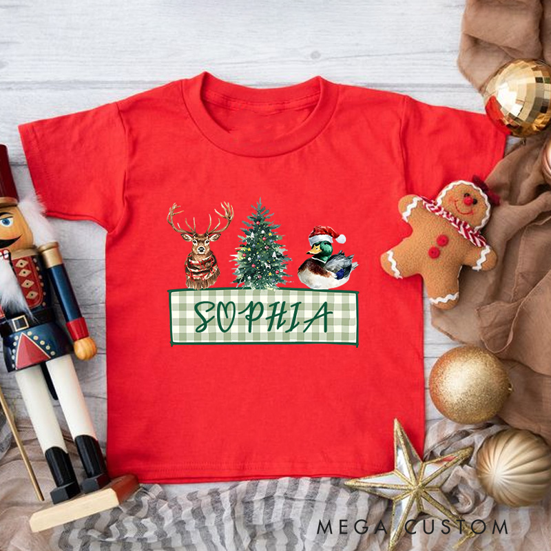 Personalized Reindeer and Tree with Plaid Name Banner Christmas Kids T-Shirt