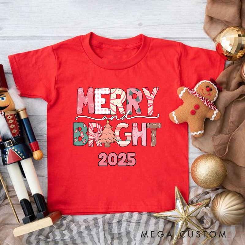 Personalized Merry and Bright with Festive Lettering Christmas Kids T-Shirt