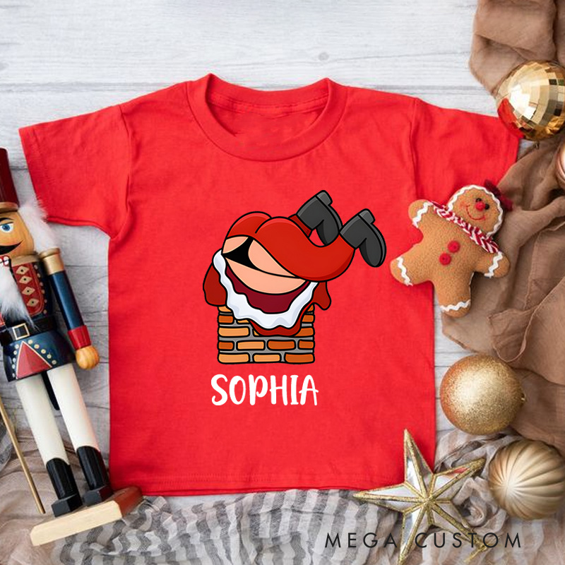Personalized Santa Stuck in Chimney with Striped Pants Christmas Kids T-Shirt